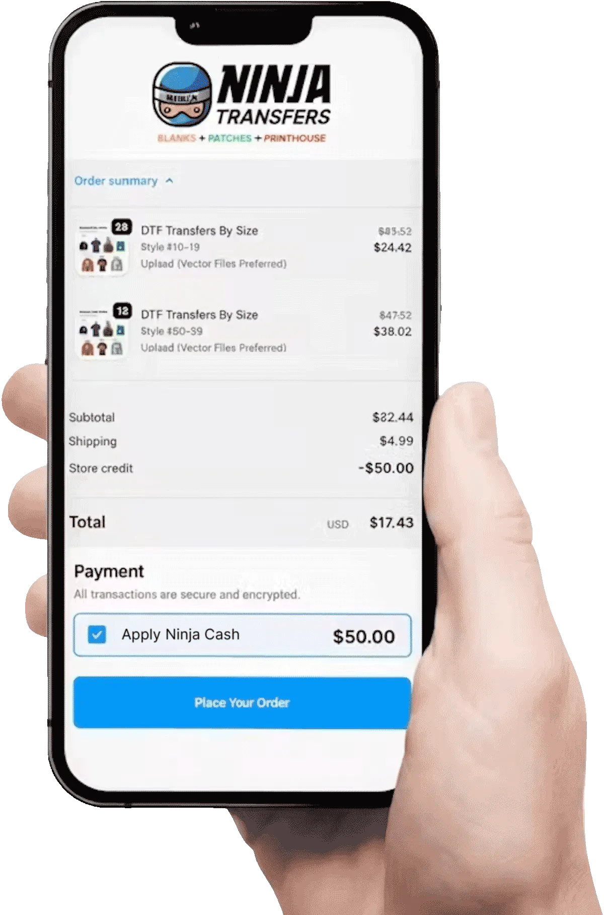 Applying Ninja Cash at checkout on a phone