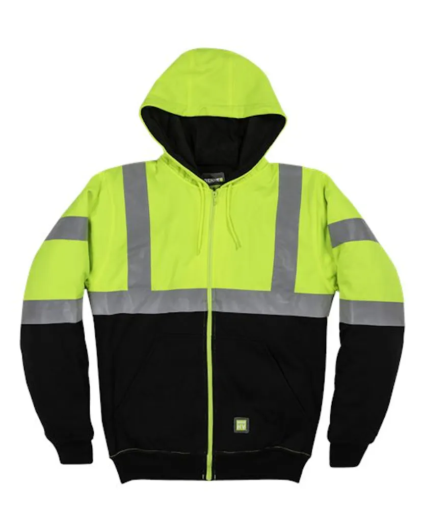 Berne Apparel HVF023 Men's Hi-Vis Class 3 Color Block Full-Zip Hooded Sweatshirt