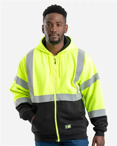 Berne Apparel HVF023 Men's Hi-Vis Class 3 Color Block Full-Zip Hooded Sweatshirt