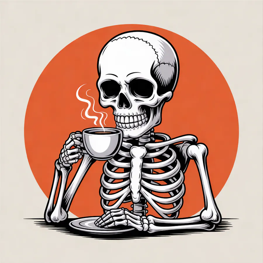 AI-generated design of a vintage skeleton drinking coffee