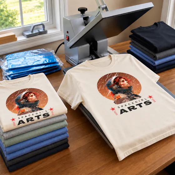 A DTF transfer pressed on a t-shirt with a heat press