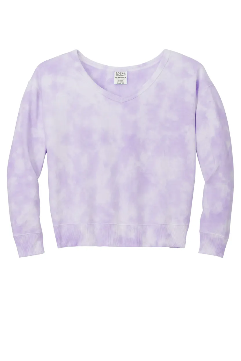 Port & Co LPC140V Women's Beach Wash Cloud Tie-Dye V-Neck Sweatshirt