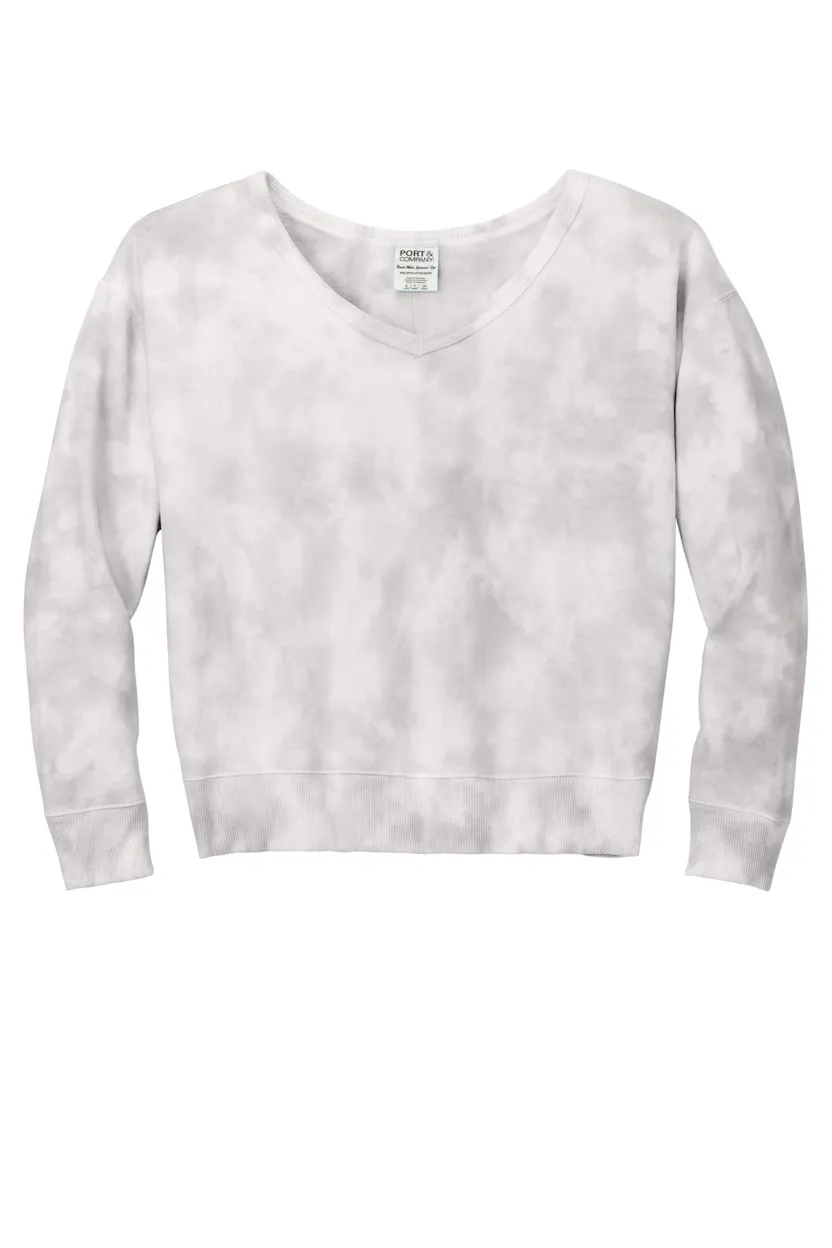 Port & Co LPC140V Women's Beach Wash Cloud Tie-Dye V-Neck Sweatshirt
