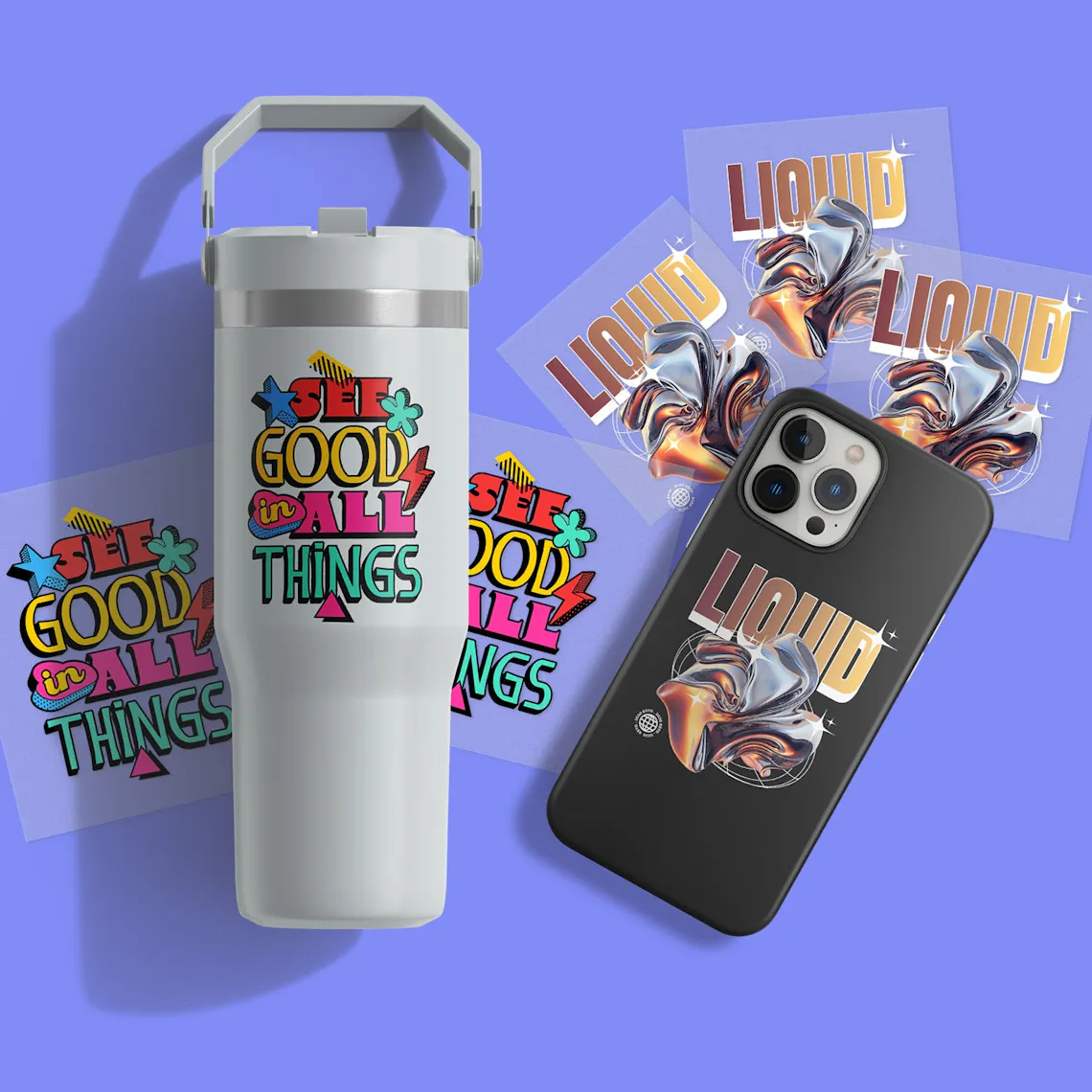 UV DTF PermaStickers applied to a tumbler and a phone case