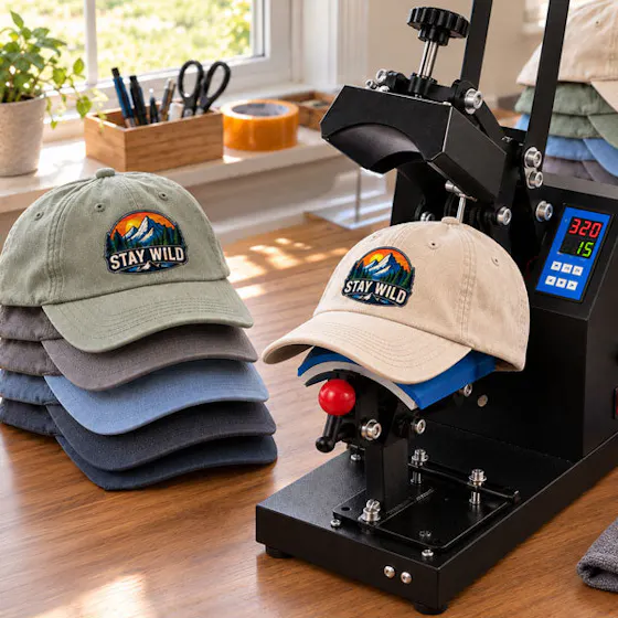A DTF transfer pressed on a dad hat with a hat press