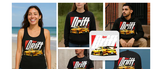 AI Mockup Creator placing one design on apparel and hat mockups