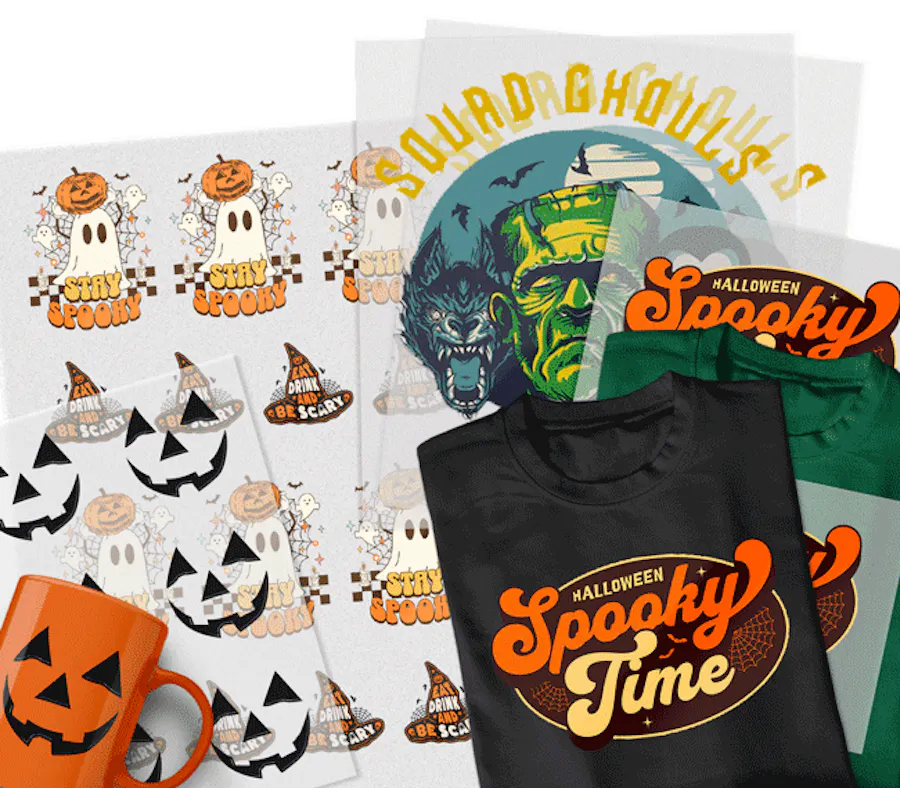 Halloween DTF transfer sheets, a jack-o-lantern mug and a pressed Spooky Time tee