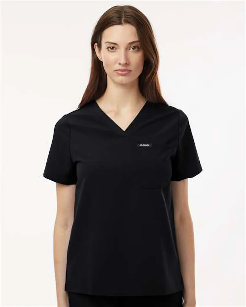 Jaanuu W10001 Women's Rhena Essential 1 - Pocket Scrub V - Neck Top - Ninja Transfers