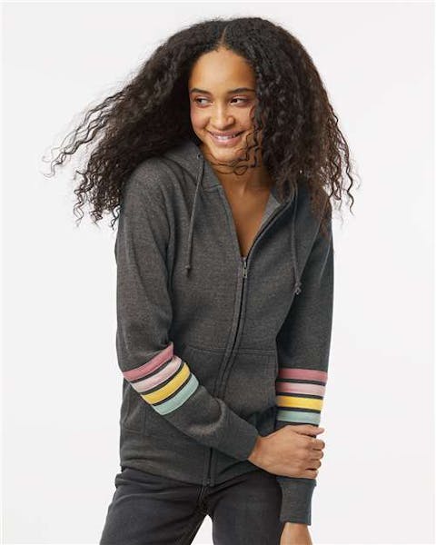 MV Sport W22732 Women's Striped Sleeves Full - Zip Hooded Sweatshirt - Ninja Transfers