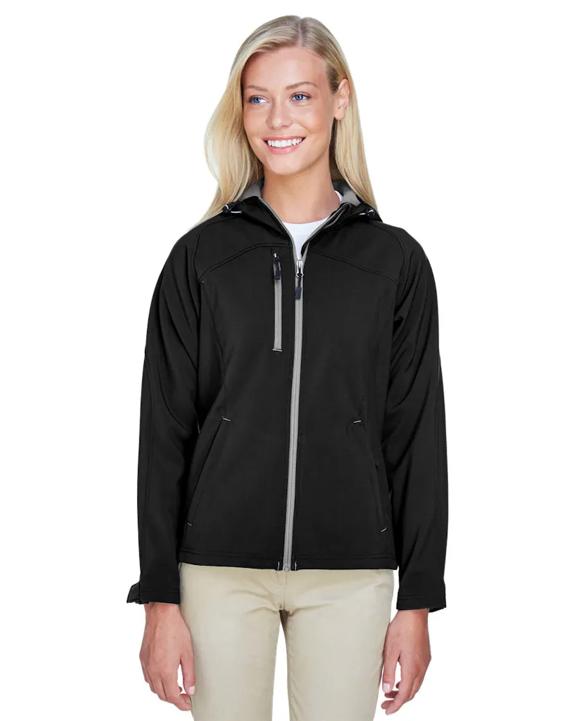 North End 78166 Ladies' Prospect Two - Layer Fleece Bonded Soft Shell Hooded Jacket - Ninja Transfers