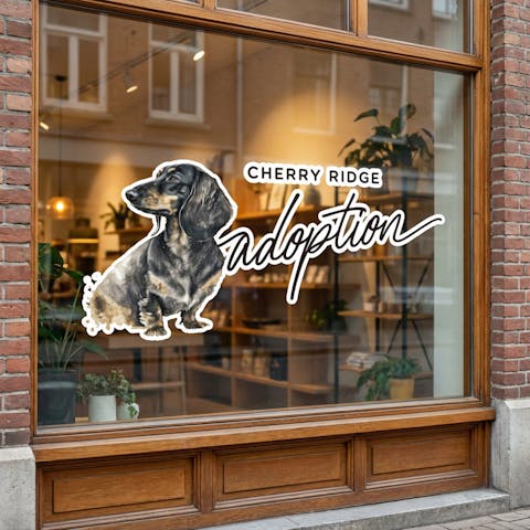 Window cling graphic of dog outside of an adoption center